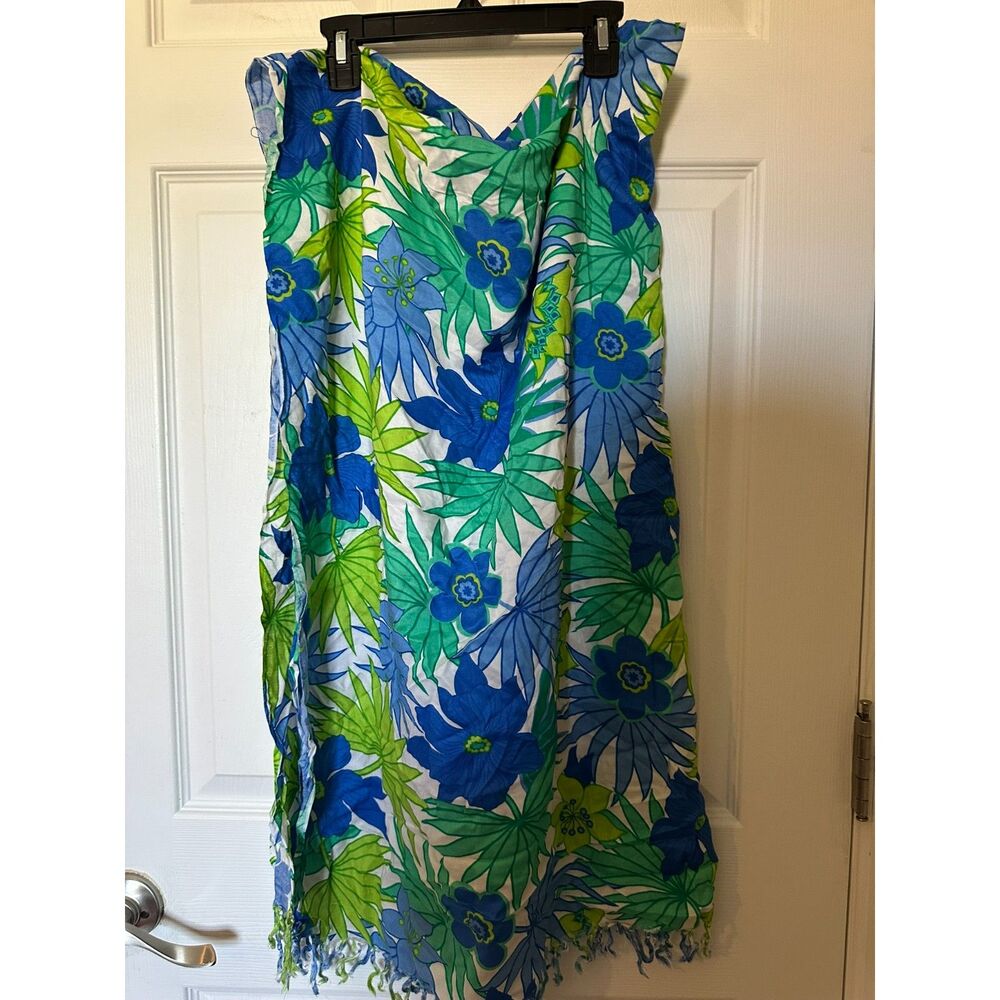 Tropical Floral Beach Coverup – Blue, Green & White Print - Picture 2 of 2